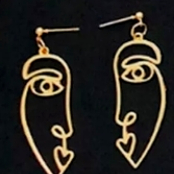 Gold Abstract Cut Out Face Earrings - Picture 2 of 4